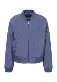 Bomberjacke aus einem weichen blauen Stoff, mit einem durchgehenden Reißverschluss, gerippten Bündchen und Saum sowie seitlichen Taschen für zusätzlichen Komfort.