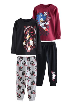 Dwa komplety z długim rękawem i pasujące spodnie z motywem Sonic the Hedgehog, z postaciami Sonic i Shadow oraz wzorami w kratkę.