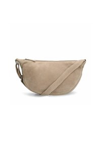 Beige suède schoudertas met een ronde vorm, verstelbare schouderband en ritsluiting aan de bovenkant. Zachte textuur met minimale externe details.