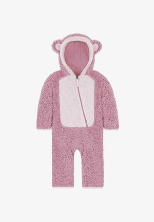 Rosa flauschiger Einteiler mit Kapuze, der mit Bärenohren verziert ist, Reißverschluss und einem weißen Fellfrontpaneel. Weicher Stoff über die gesamte Kleidung.