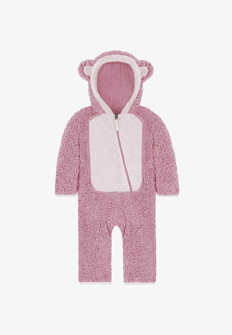 Rosa flauschiger Einteiler mit Kapuze, der mit Bärenohren verziert ist, Reißverschluss und einem weißen Fellfrontpaneel. Weicher Stoff über die gesamte Kleidung.