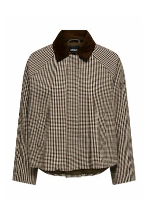 Veste à carreaux marron et beige avec col en velours marron foncé, poches avant et manches longues, présentée sur un fond blanc.