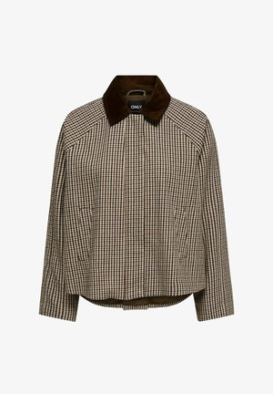 Brun og beige rutete jakke med mørk brun fløyelskrage, frontlommer og lange ermer, vist på hvit bakgrunn.