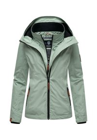 Lichtgroene dames hoodie met zwarte binnenvoering, voorrits, ritssluitingen aan de zijkanten en hoge kraag.