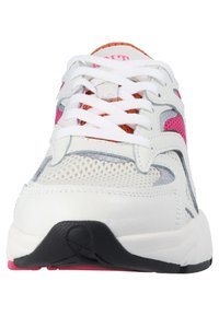 White athletic sneakers with pink and orange accents, mesh panels, lace-up front, padded tongue, and textured rubber outsole.