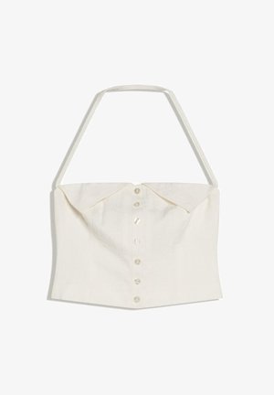 Weißes ärmelloses Crop-Top mit Neckholder-Riemen und einer vorderen Knopfreihe, mit gefaltetem Kragensdetail.