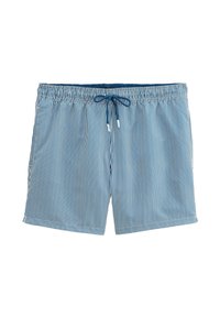 Maillots de bain pour hommes, avec un motif rayé vertical bleu et blanc, taille élastique avec cordon de serrage, poches latérales et tissu léger.