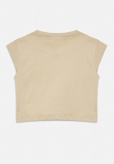 Beige short-sleeve cropped t-shirt with a round neckline and simple stitching, shown from the back on a white background.