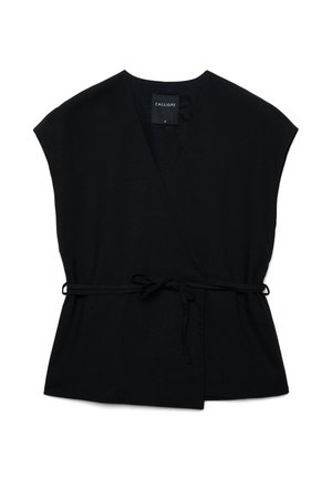 Haut cache-cœur noir sans manches avec col en V et fine ceinture à nouer à la taille, taille small, marque Calliope.