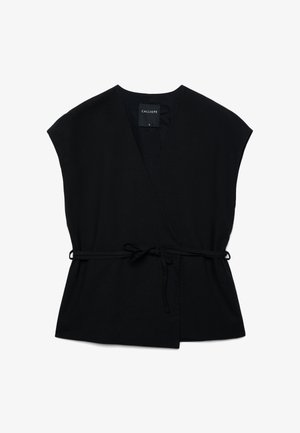 Haut cache-cœur noir sans manches avec col en V et fine ceinture à nouer à la taille, taille small, marque Calliope.