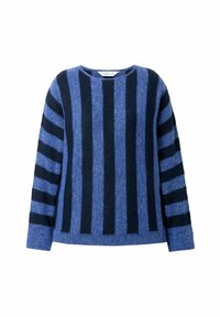 Sweter dzianinowy w różnych odcieniach niebieskiego z wyraźnymi granatowymi paskami. Okrągły dekolt, długie rękawy oraz miękka, teksturowana tkanina.