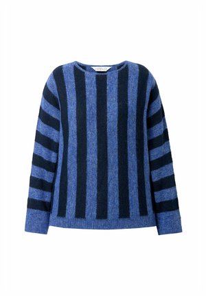 Strickpullover in verschiedenen Blautönen mit kräftigen marineblauen Streifen. Runder Halsausschnitt, lange Ärmel und weicher, strukturierter Stoff.