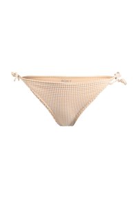 Bežový kockovaný bikini spodný diel z textúrovanej látky, s bočnými viazaniami pre prispôsobenie a jemným logom na zadnej strane.