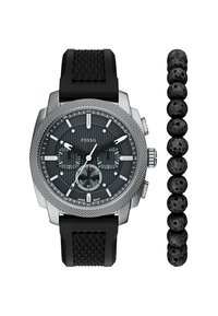 Montre chronographe Fossil avec un bracelet en caoutchouc noir, boîtier en acier inoxydable argenté, lunette texturée et cadran noir. Accompagnée d'un bracelet en perles de lave noires.