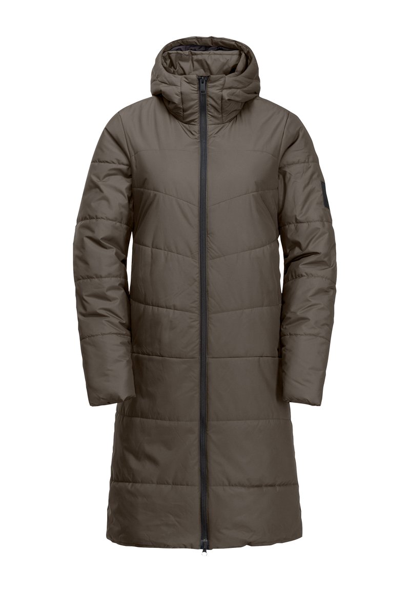 Cappotto lungo puff in marrone scuro, con cappuccio, dettagli di cucitura verticale, zip frontale e polsini elasticizzati. Tessuto liscio e isolante.