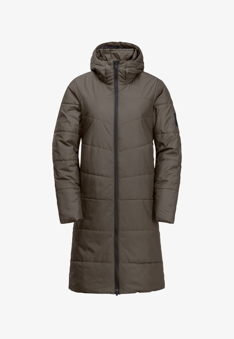 Abrigo acolchado largo en marrón oscuro, con capucha, detalles de costura vertical, cremallera frontal y puños elásticos. Tejido suave e insulated.