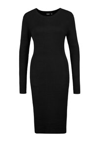 Schwarzes, geripptes Midikleid aus Strick mit langen Ärmeln und rundem Ausschnitt, figurbetonte Silhouette.