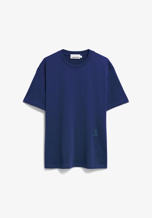 Navyblaues T-Shirt mit kurzen Ärmeln, Rundhalsausschnitt und dezentem gesticktem Logo an der unteren Seite. Weiches Baumwollmaterial, lockere Passform.