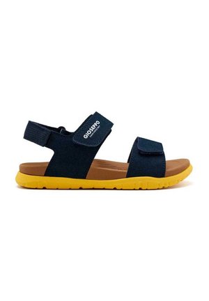 Sandalias de tela azul marino con suelas de goma amarilla; correas ajustables de Velcro; diseño ligero; estilo semiabierto en la punta; calzado casual.