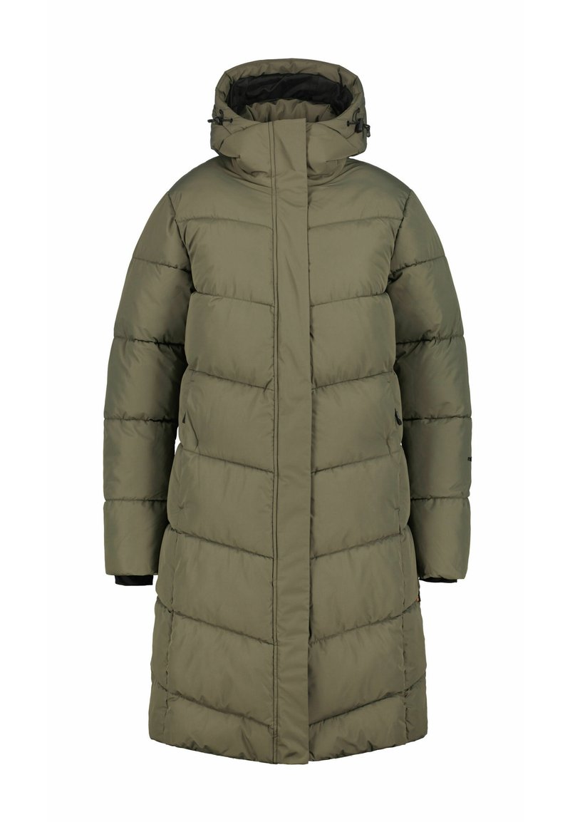 Cappotto lungo imbottito di colore verde oliva, con colletto alto, zip frontale e design trapuntato con sezioni orizzontali. Tessuto testurizzato.