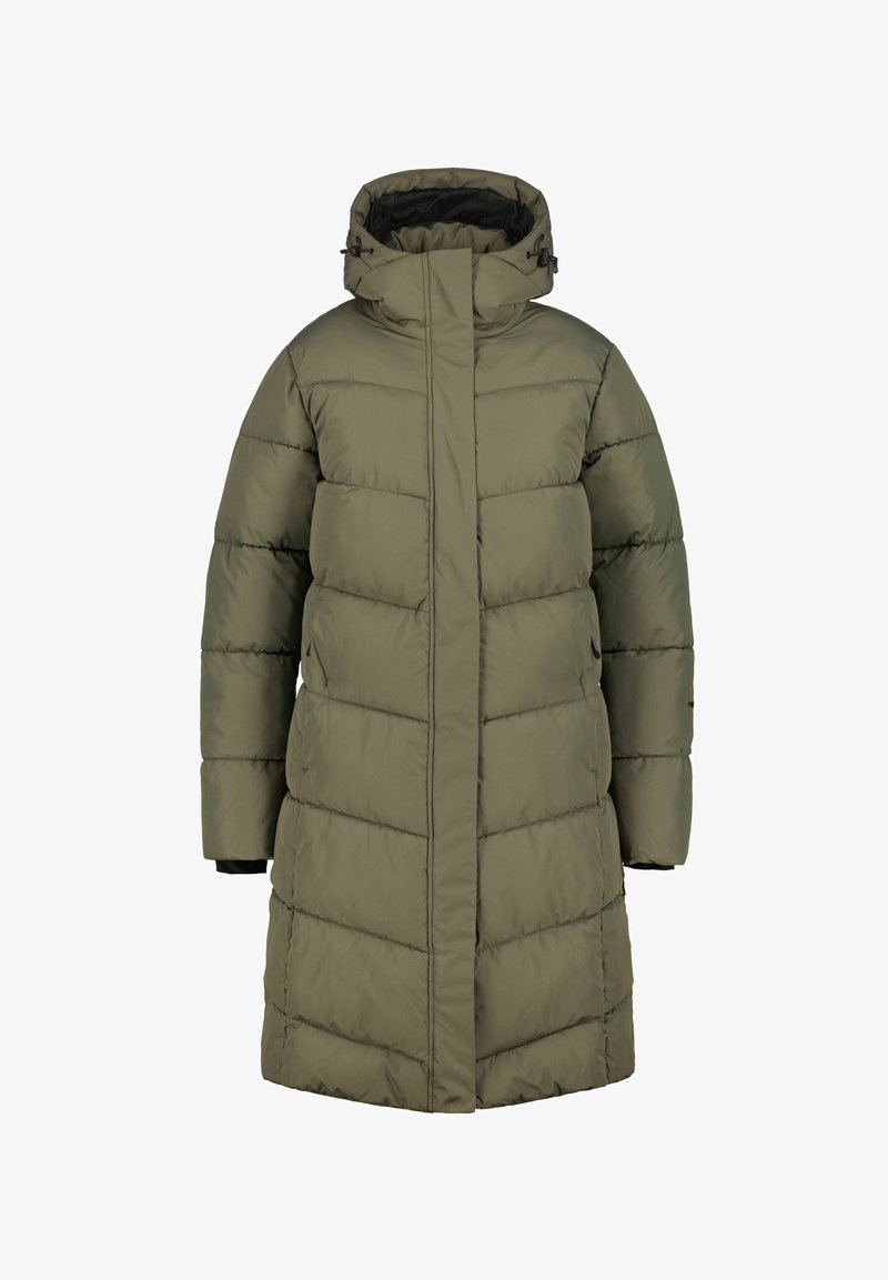 Puchowy długi płaszcz w kolorze oliwkowym, z wysokim kołnierzem, zamek błyskawiczny z przodu i pikowanym wzorem w poziome sekcje. Teksturowana tkanina.