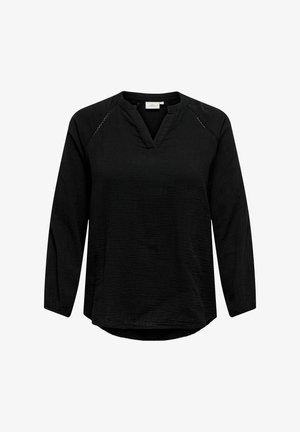 Must musta kaugusvarrukatega topp V-kaelusega ja tekstuurse kangaga. Omab raglan varrukaid ja kaardus alläänt. Lihtne disain, ei mingeid mustreid ega aksessuaare.