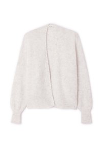Cardigan ouvert gris clair en matériau doux et duveteux. Doté de longues manches volumineuses et de poignets côtelés. Design minimaliste.