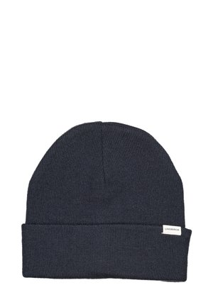 Dunkelblaue Strickmütze mit umgeschlagenem Bündchen. Verfügt über eine glatte, strukturierte Oberfläche und ein kleines Etikett mit dem Markennamen.