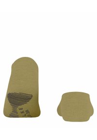 Zielone skarpetki do kostek wykonane z miękkiego materiału, o gładkiej teksturze i nadrukowanym wzorze z przodu. Prosty, zaokrąglony kształt bez widocznych elementów metalowych.