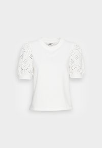 Hvid kortærmet t-shirt med rund halsudskæring og pufærmer. Ærmerne har hulmønster med blomsterdesigns. Blødt, tekstureret stof.