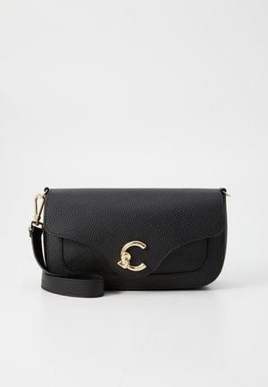 Borsa a tracolla nera in pelle con finitura texturizzata, hardware dorato e pattina a motivo ondulato. Include una tracolla removibile.