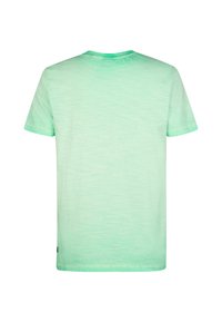 Kurzärmliges T-Shirt in hellem Minzgrün mit weicher Textur und Rundhalsausschnitt; Rückansicht zeigt minimale Nähte und kein grafisches Design.