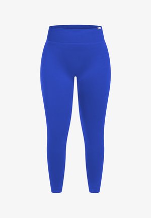 Blå leggings med en glat tekstur og høj elastisk talje, med et tætsiddende design der går ned til anklerne.