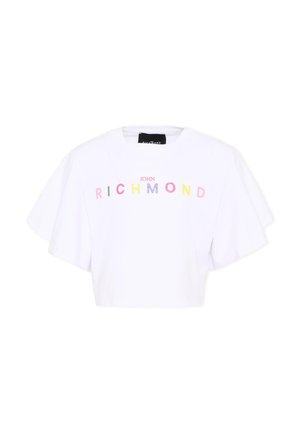 T-shirt blanc court avec manches larges et texte multicolore « John Richmond » imprimé sur la poitrine