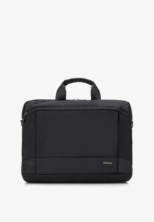 Bolsa para portátil negra con superficie texturizada, cierre de cremallera, asas dobles y un bolsillo frontal. Fabricada con material sintético duradero.