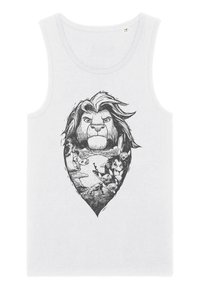 Hvid tanktop med en sort grafisk illustration af et løves ansigt, omgivet af scener med forskellige dyr i hjerteform.