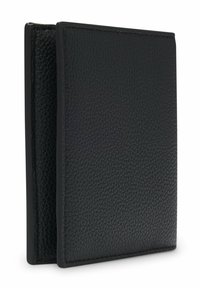Black leather wallet with a textured finish, featuring a minimalist design, sharp edges, and visible stitching along the seams.