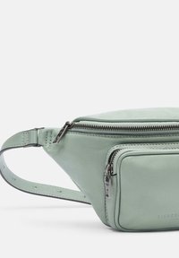 Marsupio in pelle verde chiaro con una finitura testurizzata, dotato di un compartimento principale e una piccola tasca frontale con zip. Include una tracolla regolabile.