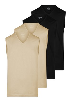 Dwa beżowe i dwa czarne podkoszulki bez rękawów z dekoltem w serek, ułożone na stosie, widok z przodu, z metką marki Ragman wewnątrz kołnierza.
