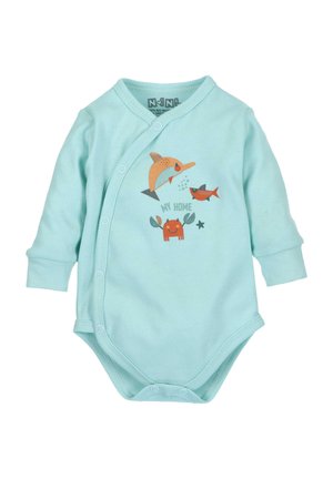 Lichtblauw lange mouwen bodysuit van katoen, met een speelse print van zeeleven en de tekst "MIJN THUIS." Drukknoopsluiting voor gemakkelijke aankleedbaarheid.