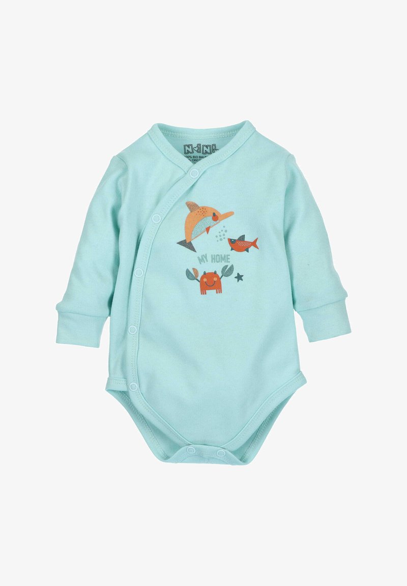 Jasnoniebieski bodysuit z długim rękawem, wykonany z bawełny, z fantazyjnym nadrukiem morskich zwierząt oraz napisem "MOJ DOM". Zapięcia na napy ułatwiają zakładanie.