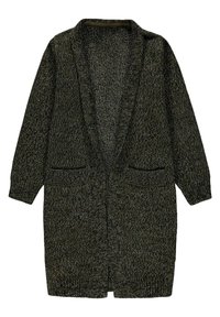 Dlouhý tmavě šedý pletený kardigan s dv�ěma předními kapsami, otevřeným předním dílem a žebrovanými manžetami a lemem.