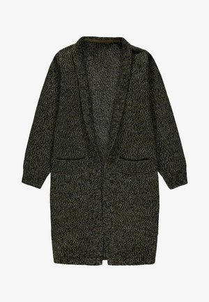 Long cardigan en tricot gris foncé avec deux poches avant, ouverture sur le devant et bords côtelés aux poignets et à l'ourlet.