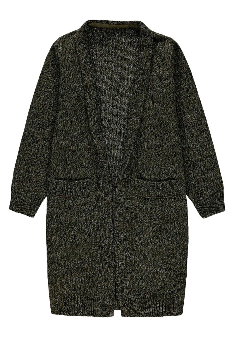 Dlouhý tmavě šedý pletený kardigan s dvěma předními kapsami, otevřeným předním dílem a žebrovanými manžetami a lemem.