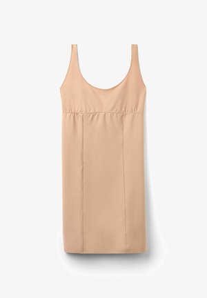 Beige sleeveless dress made of soft fabric, featuring a rounded neckline, gathered waist, and straight skirt with visible stitching details.