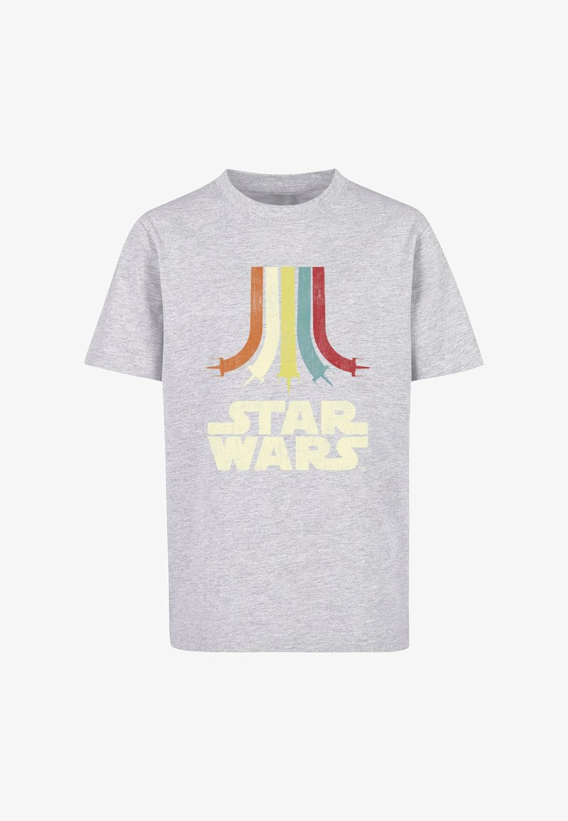Gray cotton T-shirt featuring a retro-style print with colored lines and the text "STAR WARS" in bold yellow lettering.