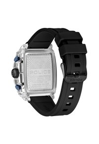 Vierkante horloge met een heldere nylon vezel behuizing, zwarte silicone band, blauwe en zwarte knoppen, textuur wijzerplaat en het "POLICE" logo gegraveerd op de achterkant.