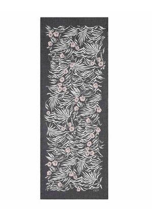 Tessuto rettangolare scuro con strisce bianche a zebra e fiori rosa chiaro sparsi su tutto il motivo.