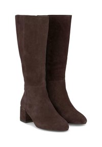 Botas marrones de ante hasta la rodilla con tacón ancho, punta afilada y cremallera lateral. Textura suave y un diseño sencillo sin adornos visibles.