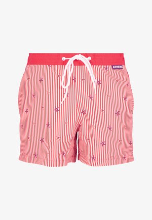 Shorts de bain rayés rouges et blancs avec cordon blanc, ornés d'un motif d'étoiles de mer en violet. Détails du matériau non visibles.